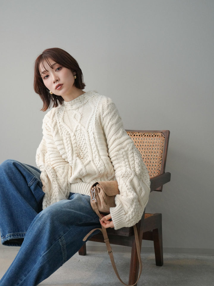 [予約]ケーブル編みモックネックニットプルオーバー/ivory