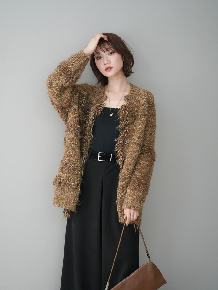 [SET]ミックスヤーンフリンジデザインニットジャケット+ベルト付きフロントタックワイドパンツ(2set)