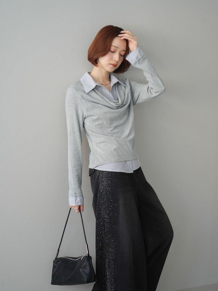 [予約]ストライプドッキングシャツドレープカットソー/gray