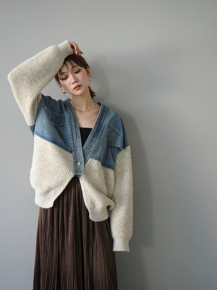 [予約]デニム切替ネップニットカーディガン/アイボリー