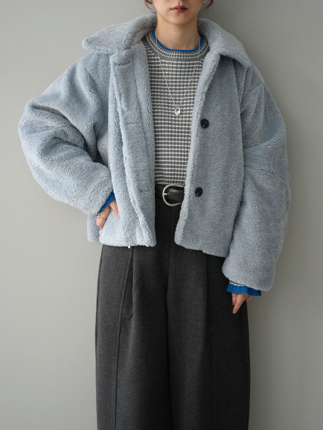 [SET]エコファーステンカラージャケット+ラメ異素材ボーダーリブニットプルオーバー+ベルト付起毛コクーンパンツ(3set)