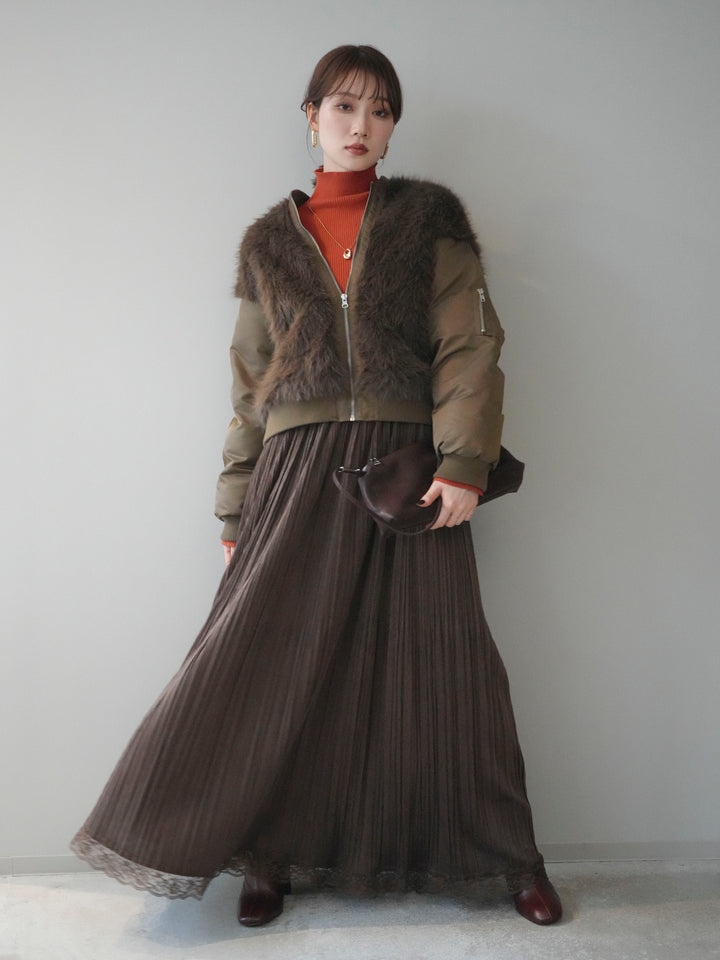 [SET]ファードッキングMA-1+袖ボタンボトルネックリブニットトップス+裾レーススウェードプリーツマキシスカート(3set)