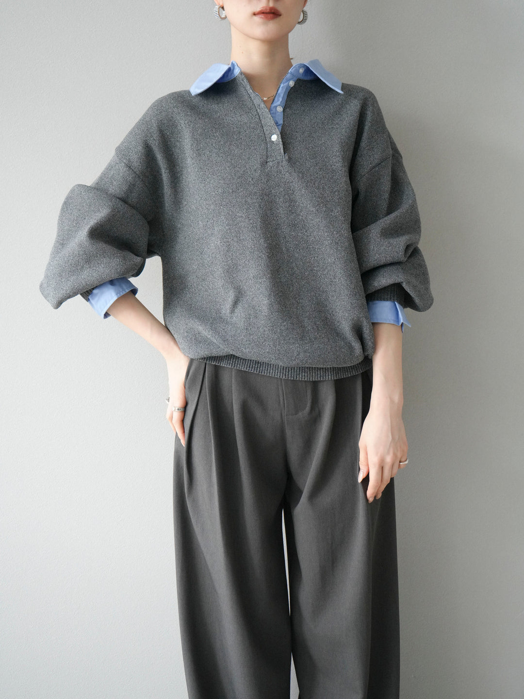 【SET】翻領polo針織套衫+雙褶闊腿褲（2件組）