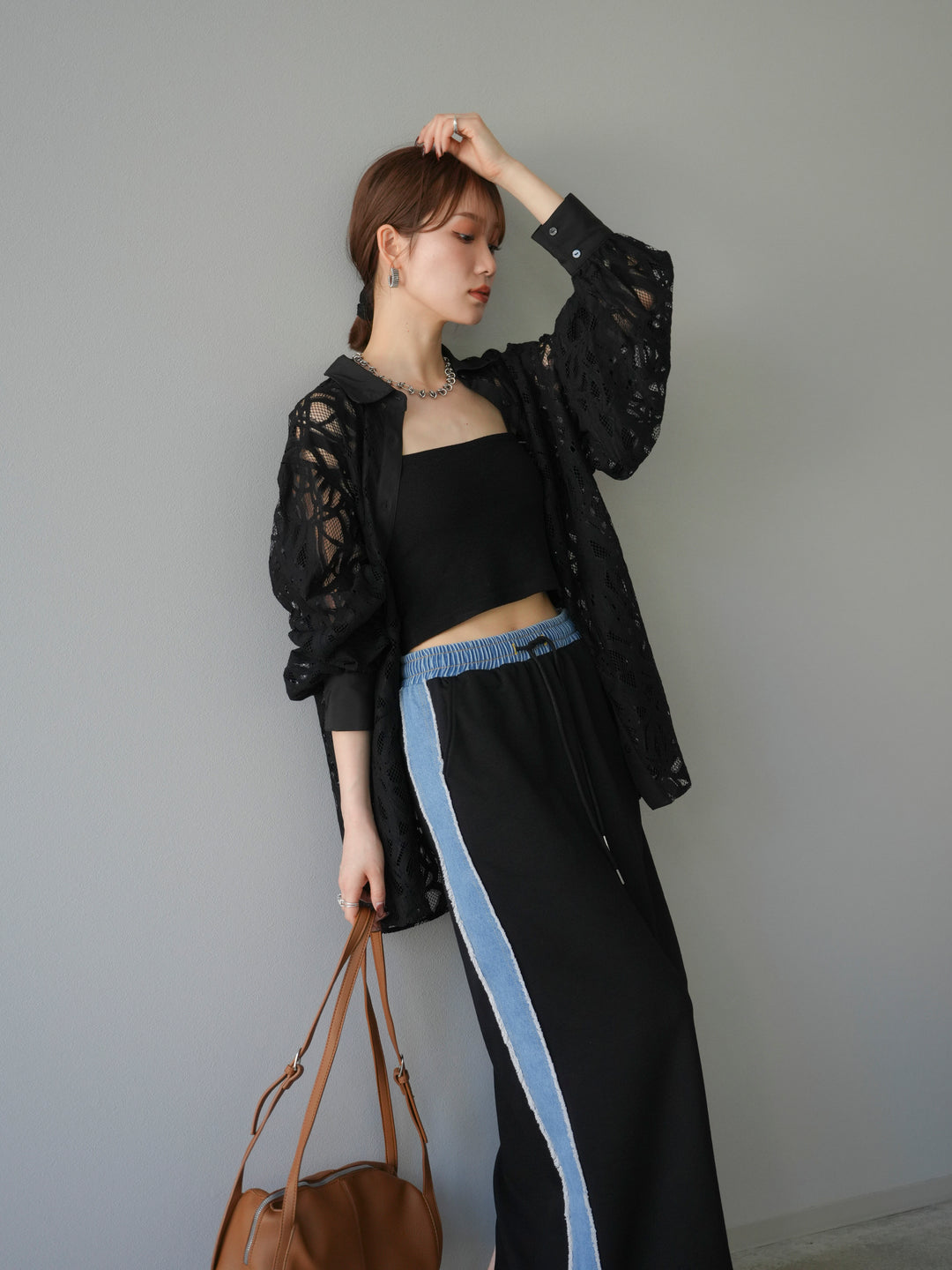 [SET]コードレースオーバーシャツ+デニムドッキングスウェットスカート(2set)