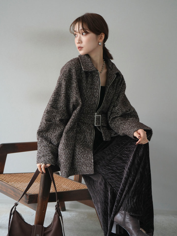 [予約]起毛ツイードベルトぺプラムジャケット/brown