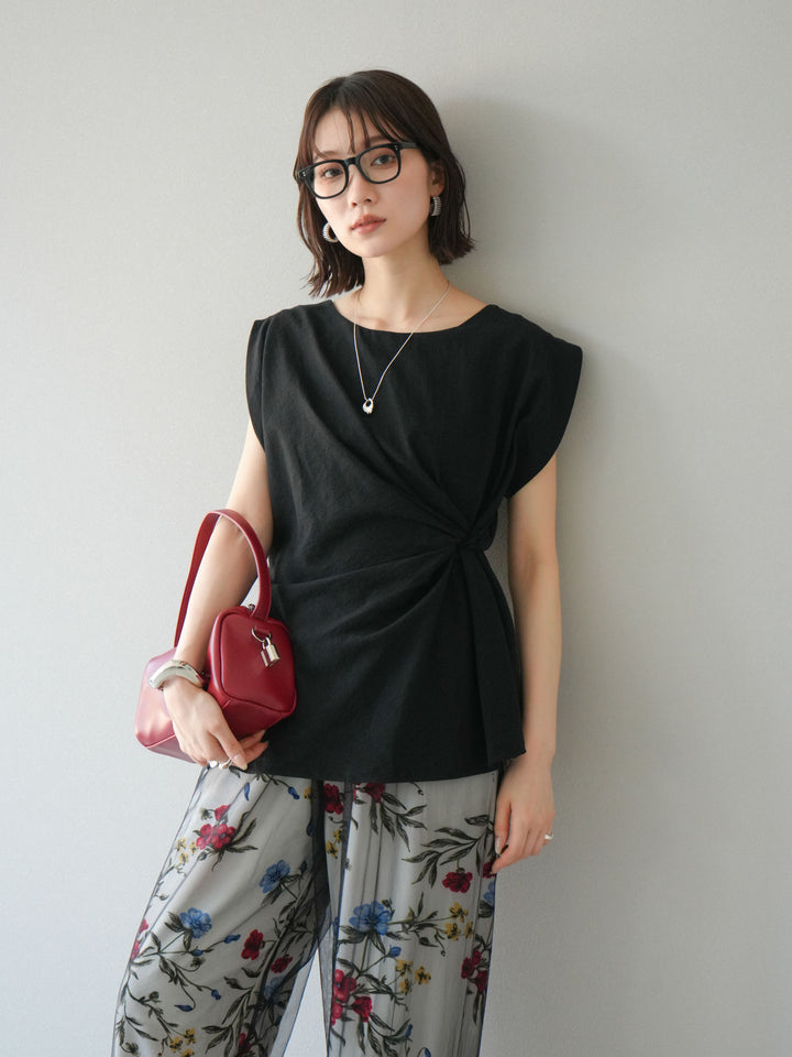 [SET] 側扭法式上衣+植物圖案休閒褲+繩繡薄紗疊穿褲（3件套裝）