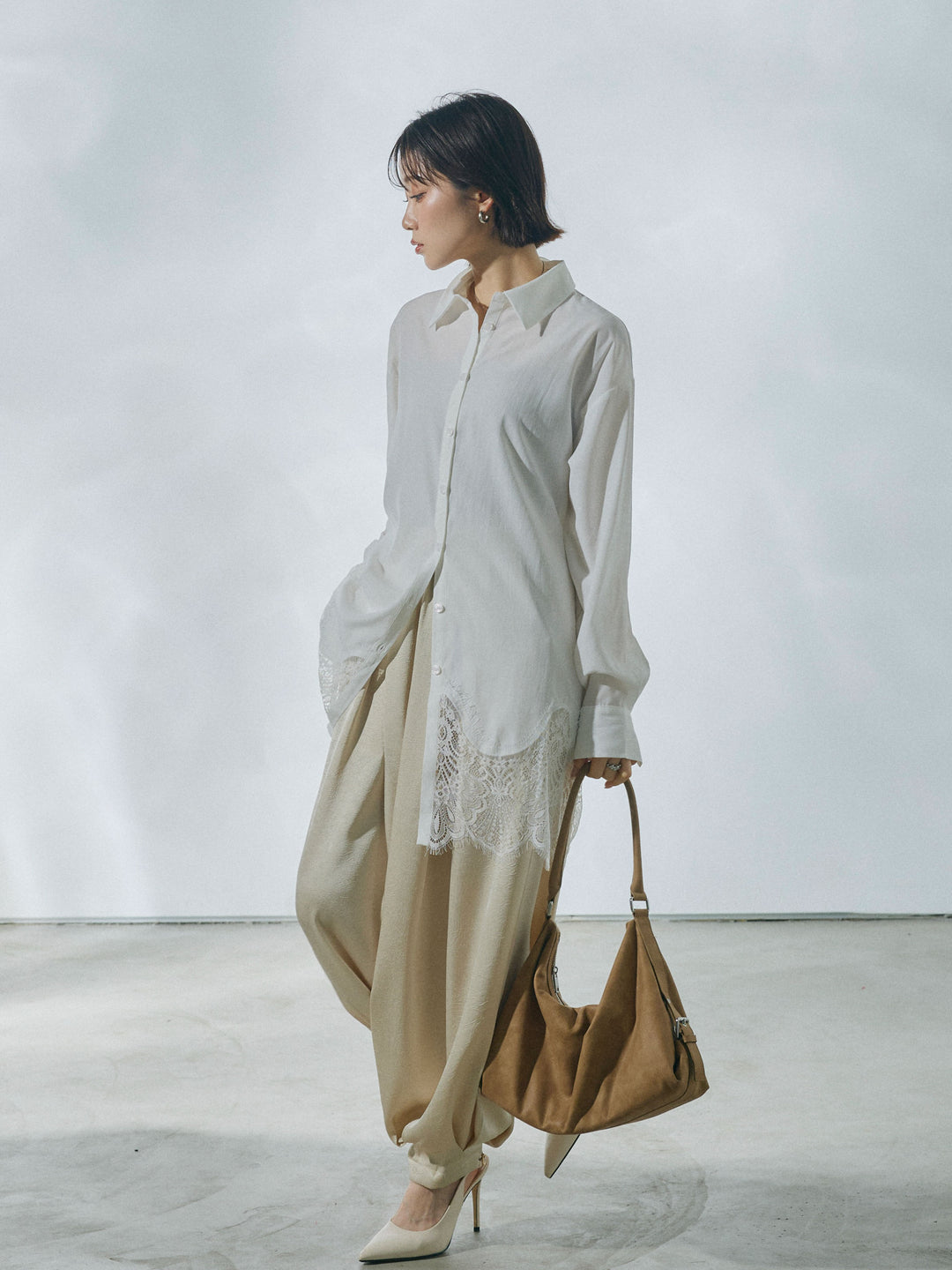 【Allure】[SET]裾レースポプリンシャツ+ワッシャーサテンタックジョガーパンツ(2set)