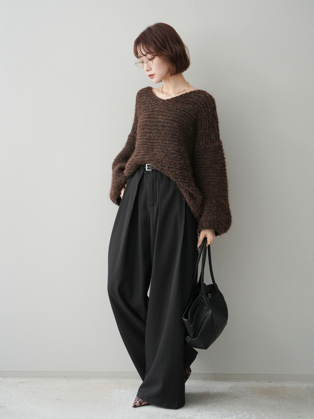 [SET]ワッフル編みシャギーニットプルオーバー+ベルトループデザインワイドパンツ(2set)