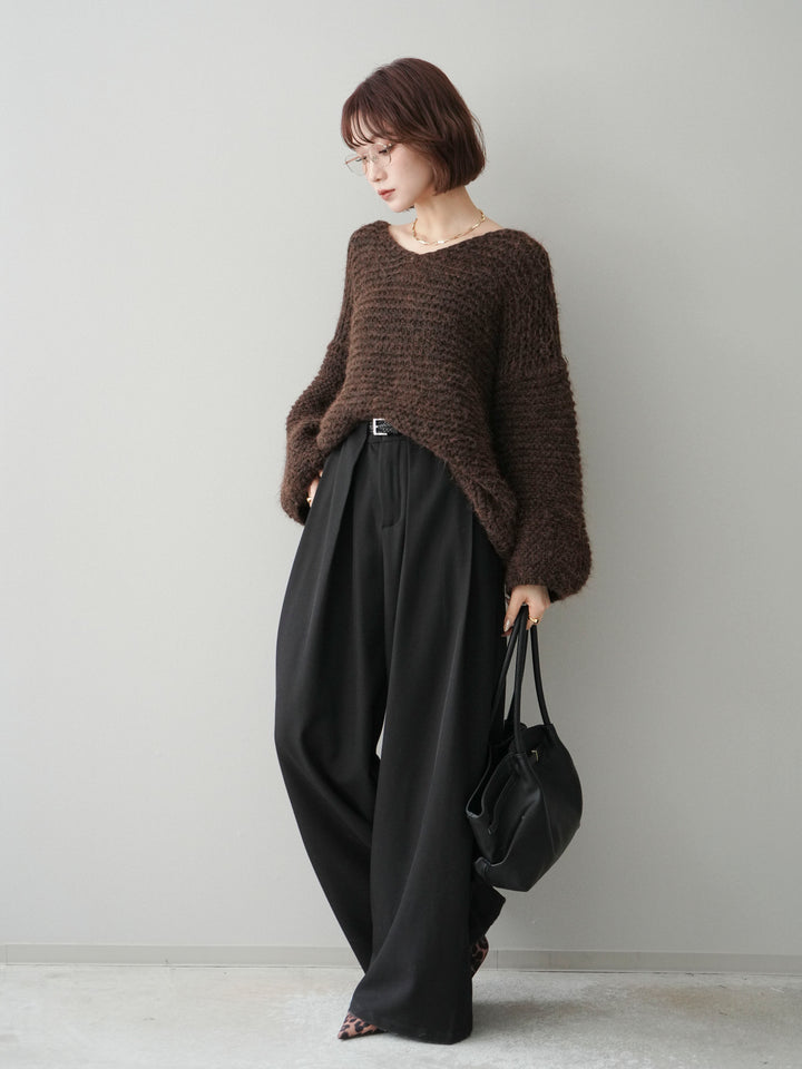 [SET]ワッフル編みシャギーニットプルオーバー+ベルトループデザインワイドパンツ(2set)