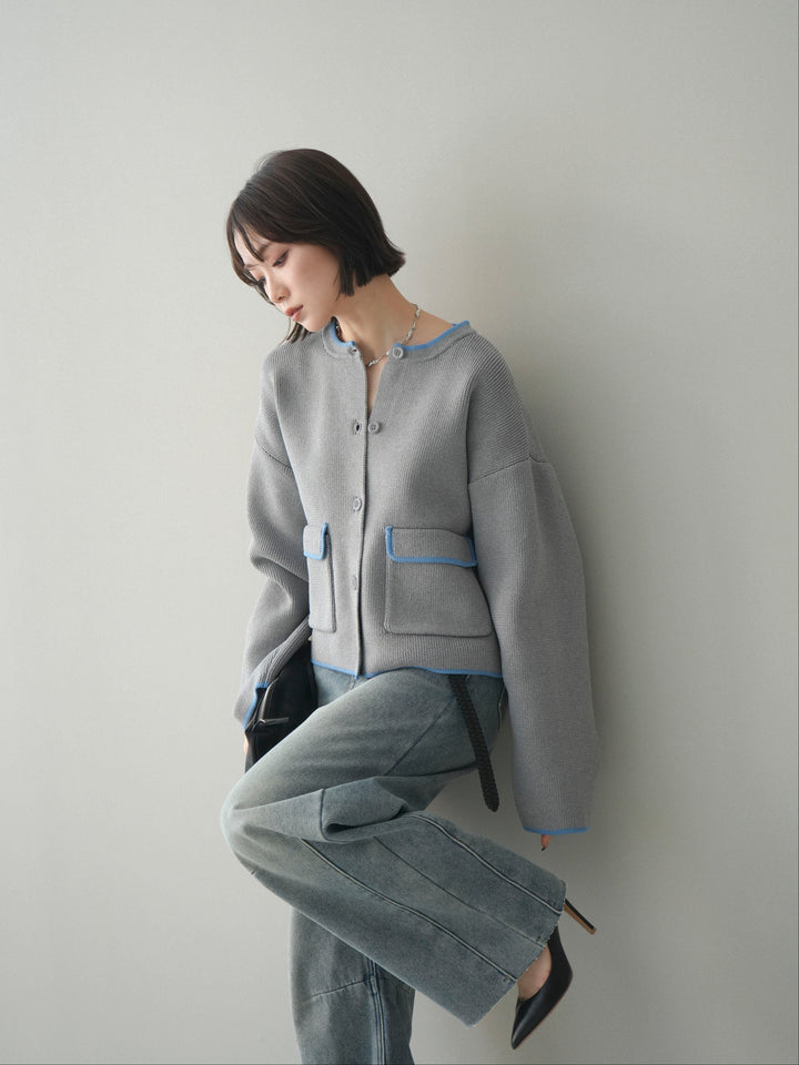 [SET]ポリエステル配色ニットカーディガン+裏起毛カットオフカーブデニムパンツ(2set)