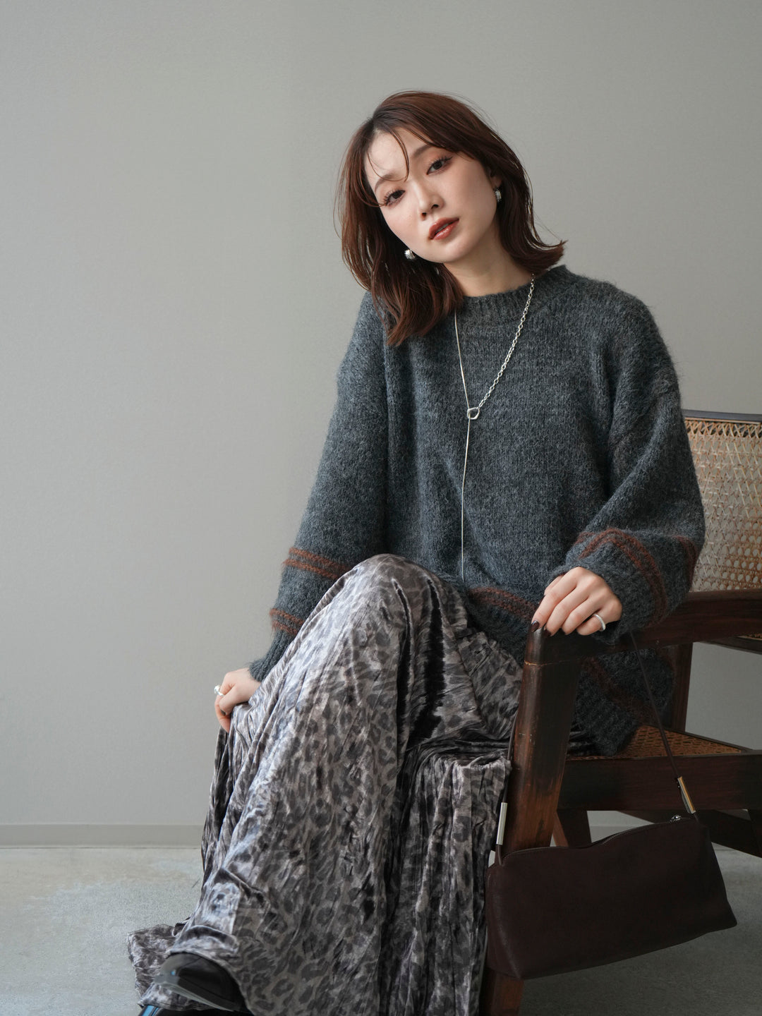 [予約]クルーネックラインボーダーニットプルオーバー/gray