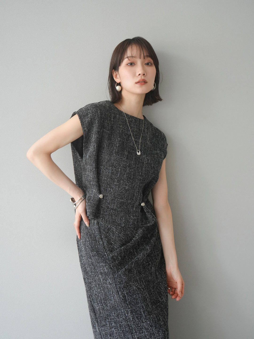 [予約]サマーツイードぺプラムブラウス/ブラックホワイト