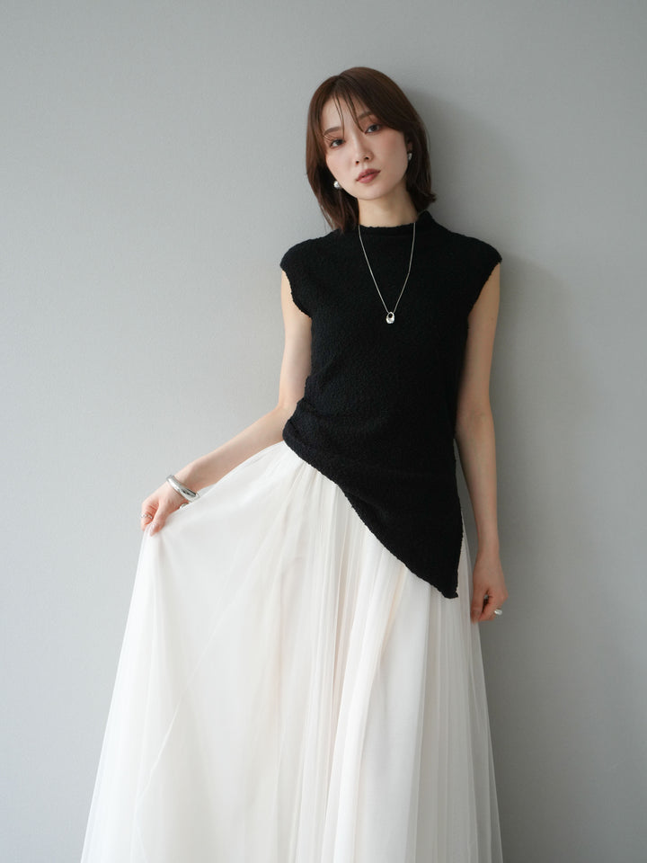 [SET]ブークレアシメニットノースリーブトップス+チュールボリュームスカート(2set)