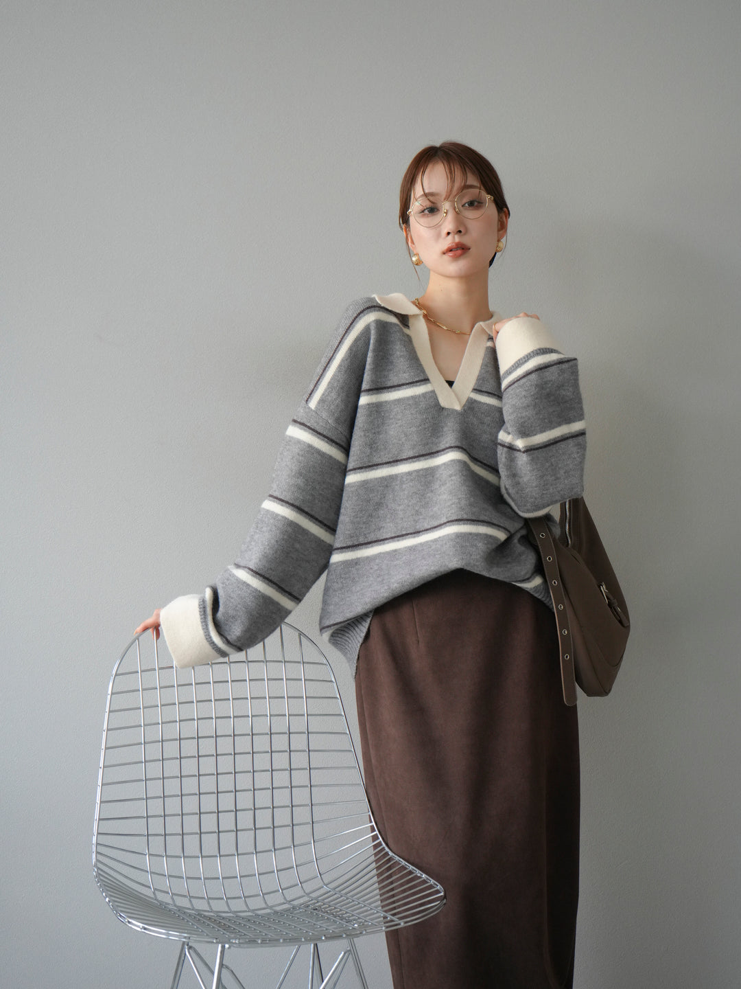 [予約]ポロ襟スキッパーボーダーニットプルオーバー/グレー