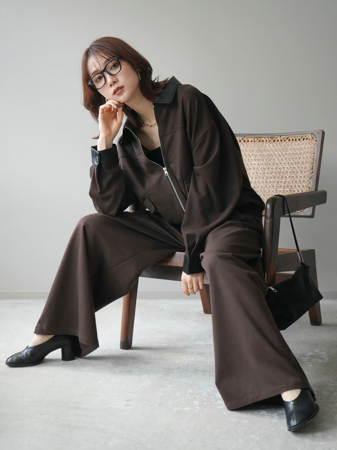 [予約]レザー襟配色パイピングブルゾン/brown