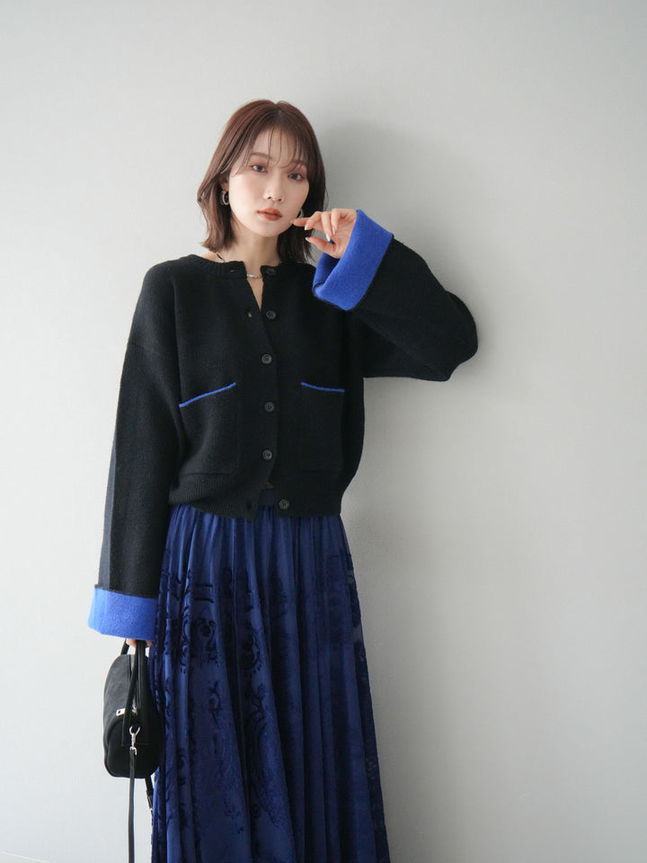 [SET]バイカラーオーバーニットカーディガン+アンティーク柄フロッキーマキシスカート(2set)