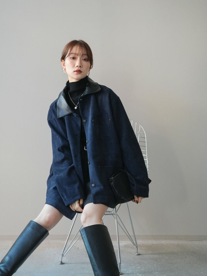 [SET]襟レザーステンカラースエードジャケット+袖ボタンボトルネックリブニットトップス(2set)