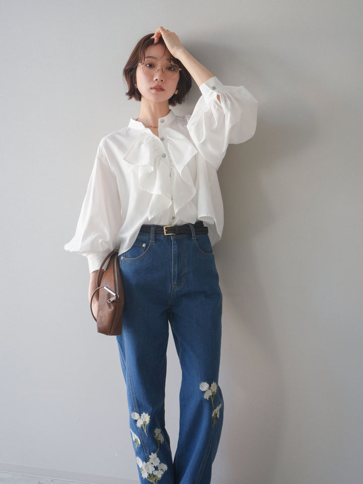 [SET]ラッフルフレアショートブラウス+フラワー刺繍ストレートデニム(2set)