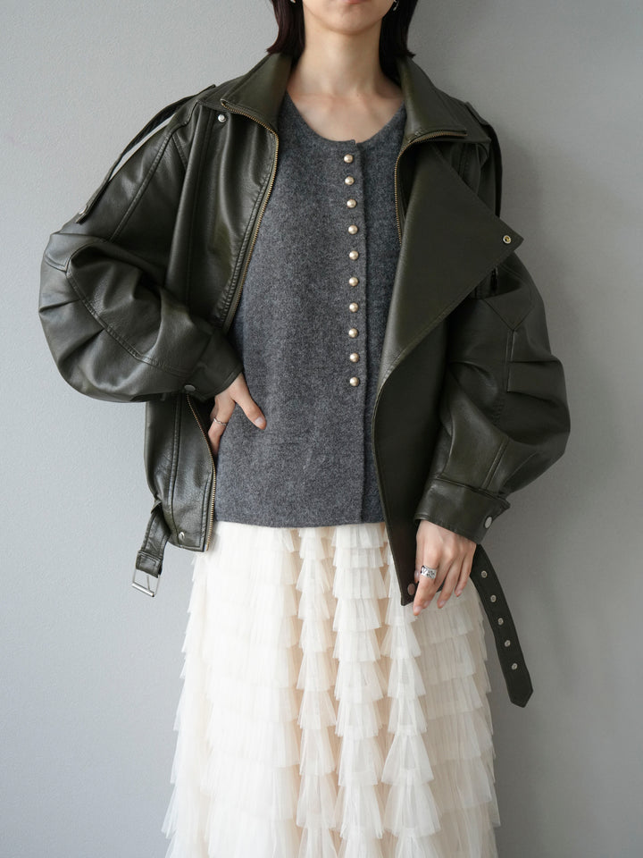 [予約]スタンドカラーフェイクレザーブルゾン/カーキ