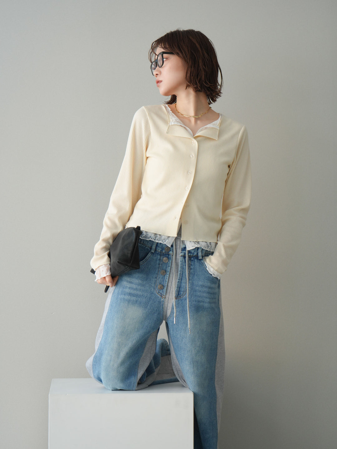 [SET]レースドッキングテレコリブカーディガン+選べるアクセセット(2set)