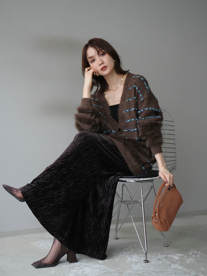 [予約]フェザーライン配色シャギーニットカーディガン/ブラウン