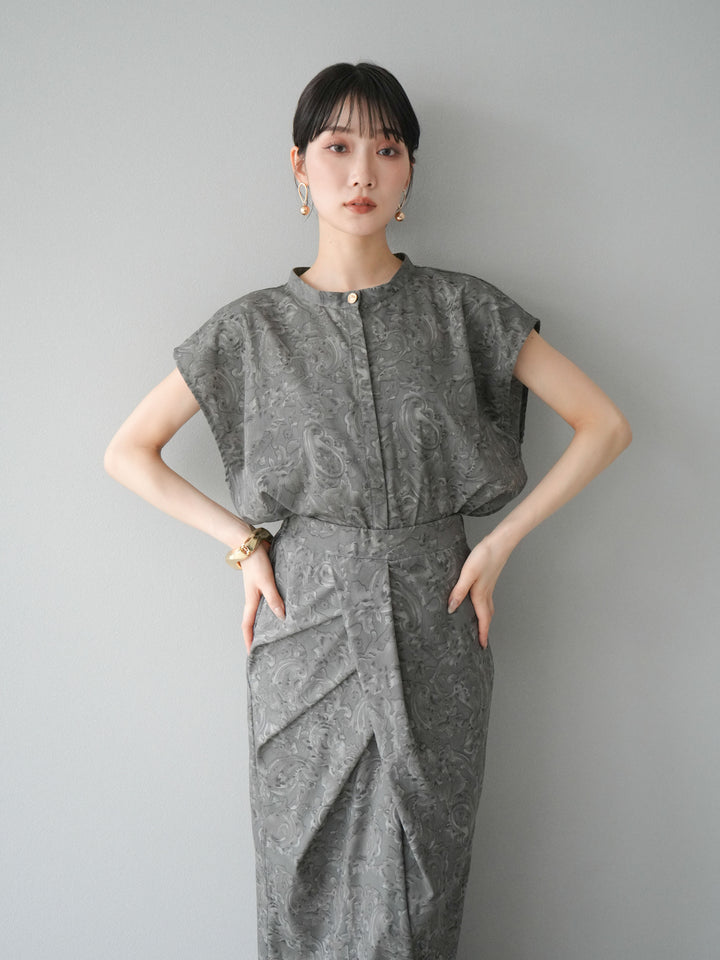 [SET]ペイズリープリントゴールドボタンブラウス+ペイズリープリントタックIラインスカート(2set)