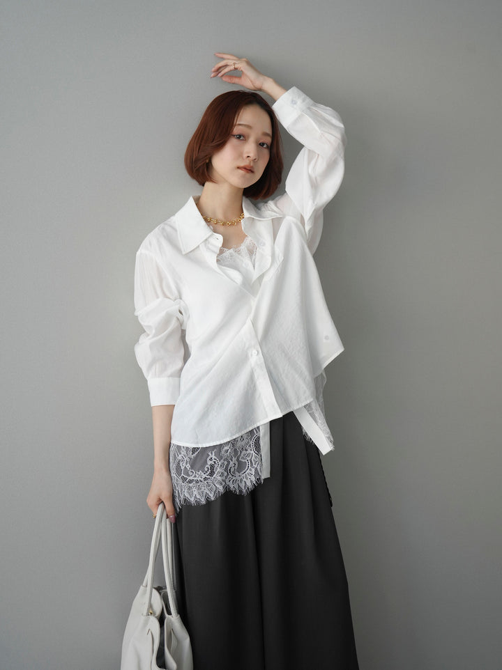 [SET]レイヤードデザイン裾レースブラウス+編み込みベルト付タックワイドパンツ(2set)