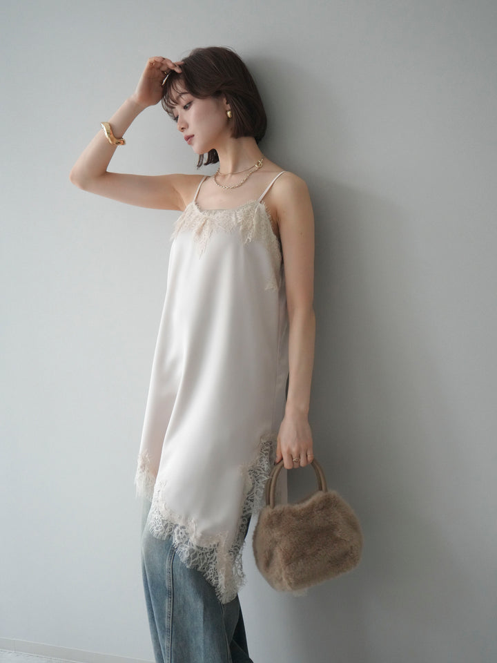 [予約]アシンメトリーサテンレースキャミソール/ecru
