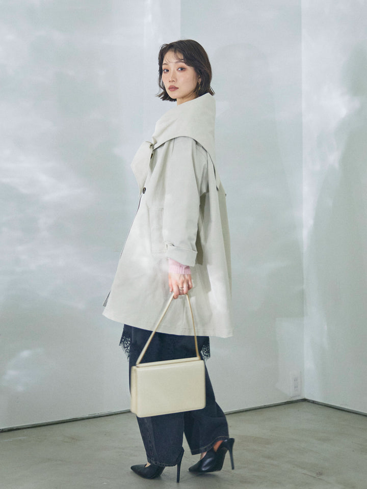 【Allure】[SET]スカーフ付ステンカラーミディアムコート+モヘアタッチ透かし編みボートネックニットプルオーバー+アシメカーブデニムパンツ(3set)