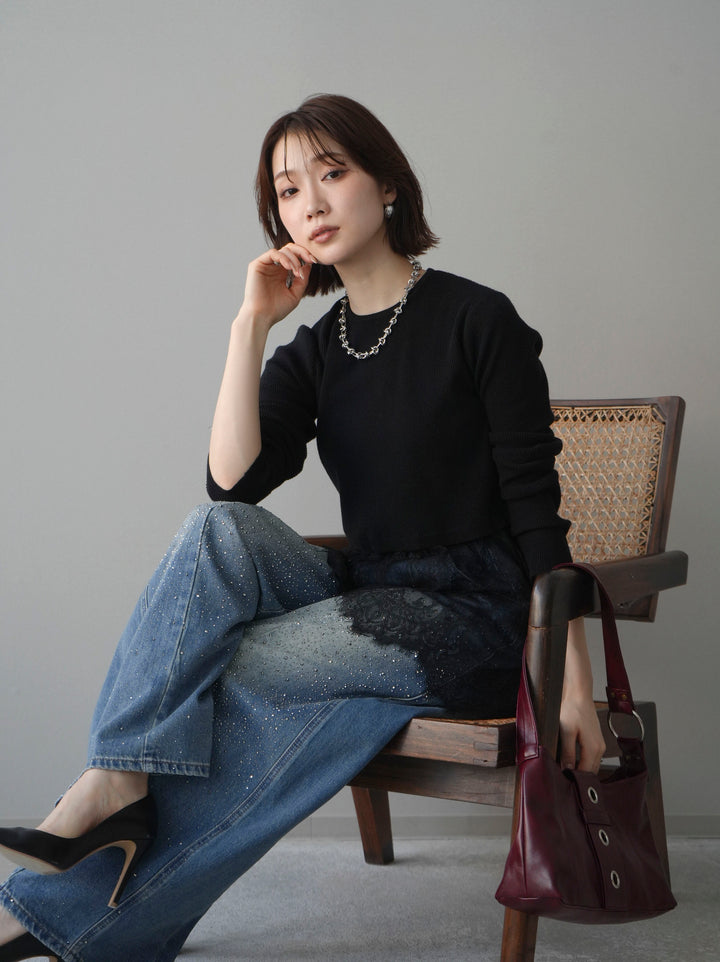 [SET]クルーネックレースドッキングリブニットトップス+フロントビジューカーブデニムパンツ(2set)