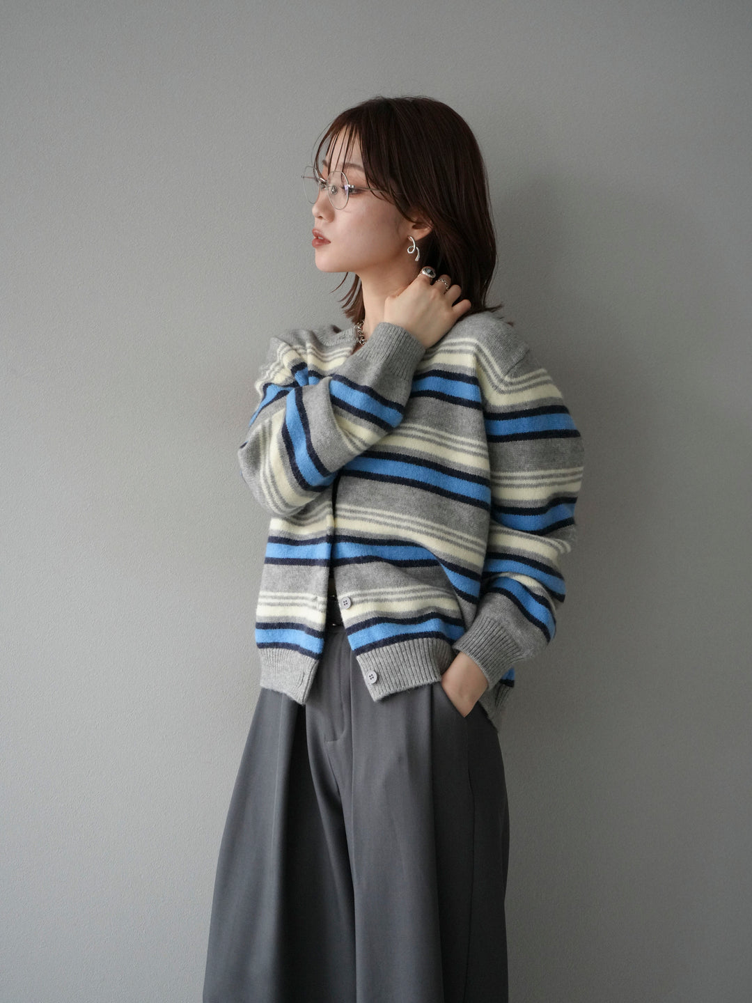 [SET]マルチボーダーニットカーディガン+選べるアクセセット(2set)