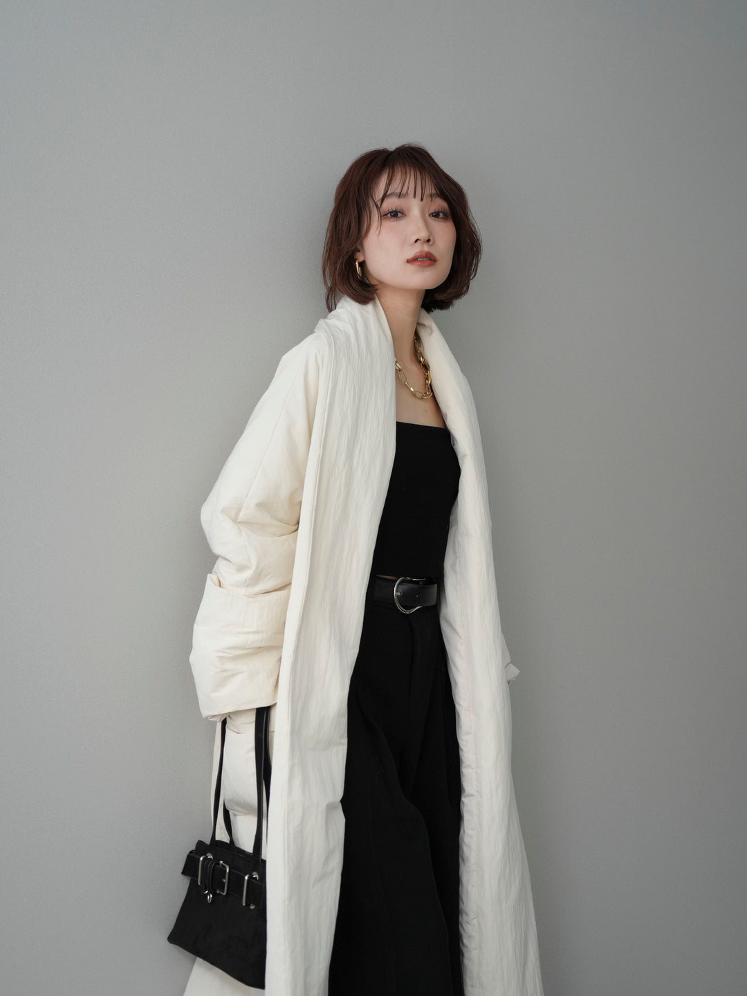 [SET]ロングダウンコート+ベルト付起毛コクーンパンツ(2set)