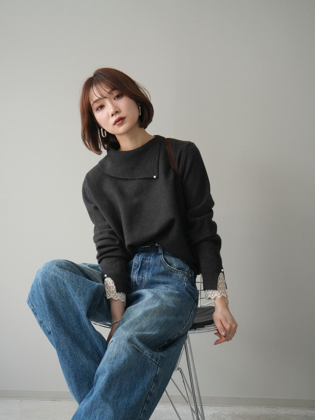 [予約]袖レースパール付き配色ニットトップス/darkbrown