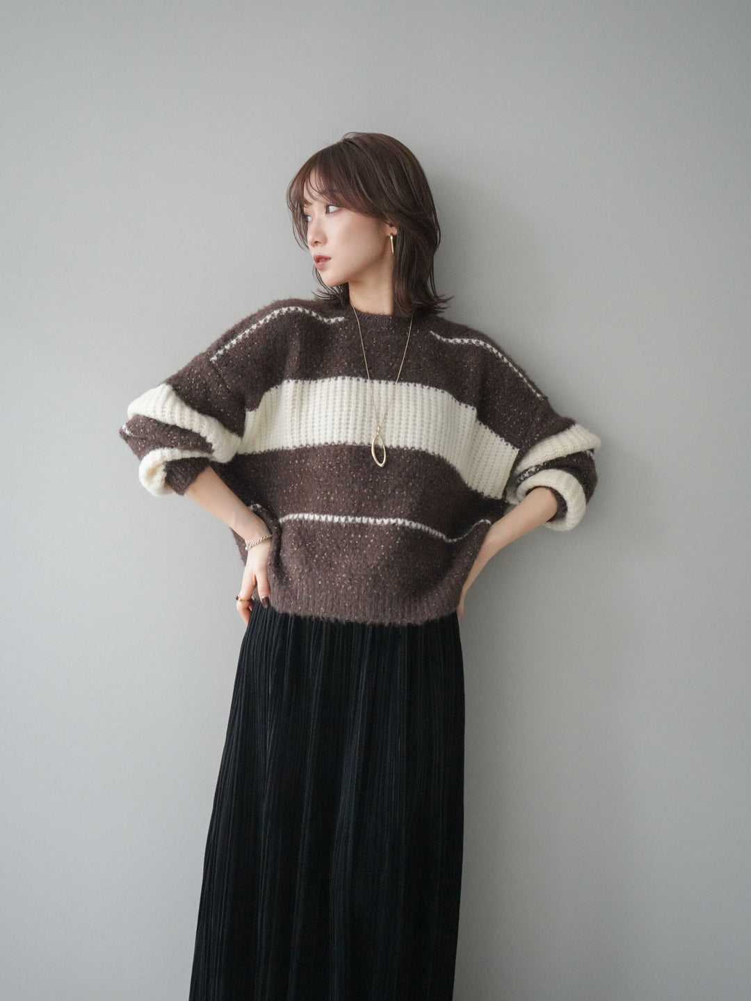 [予約]ネップヤーンボーダーニットプルオーバー/brown