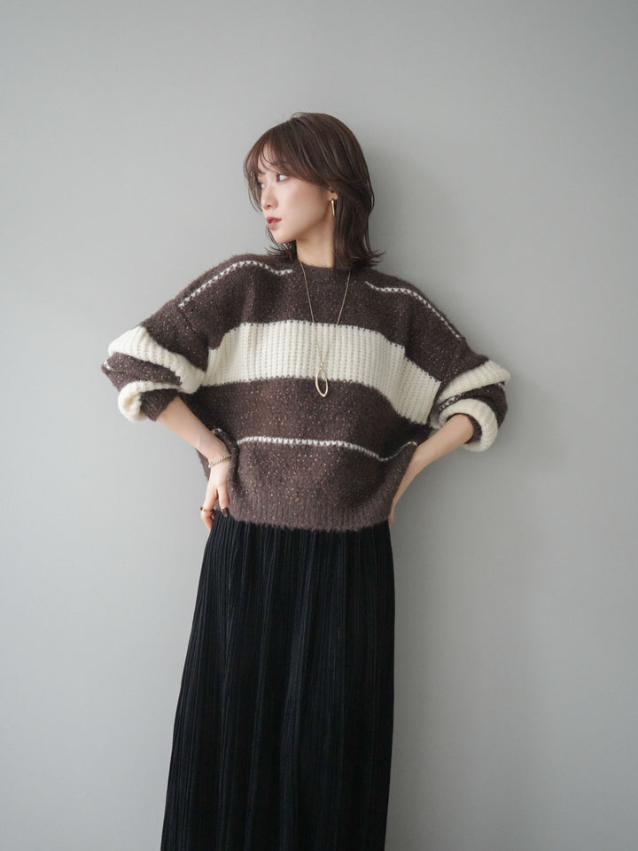 [予約]ネップヤーンボーダーニットプルオーバー/brown