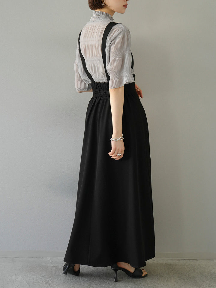 [SET] Shirring chiffon half sleeve blouse + 2WAY flare jumper skirt (2set)