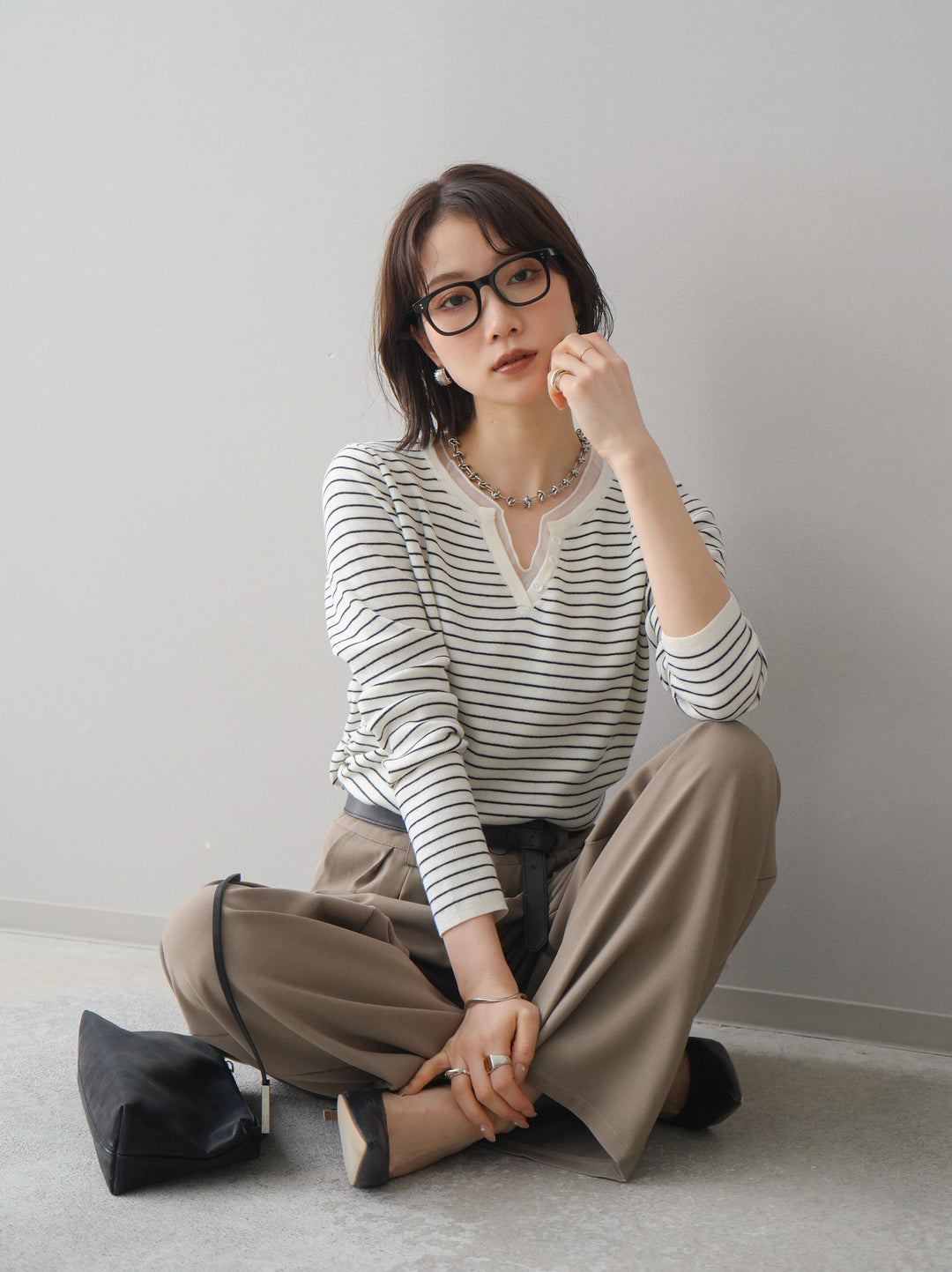 [SET]チュールレイヤードデザインボーダーニットトップス+選べるアクセセット(2set)