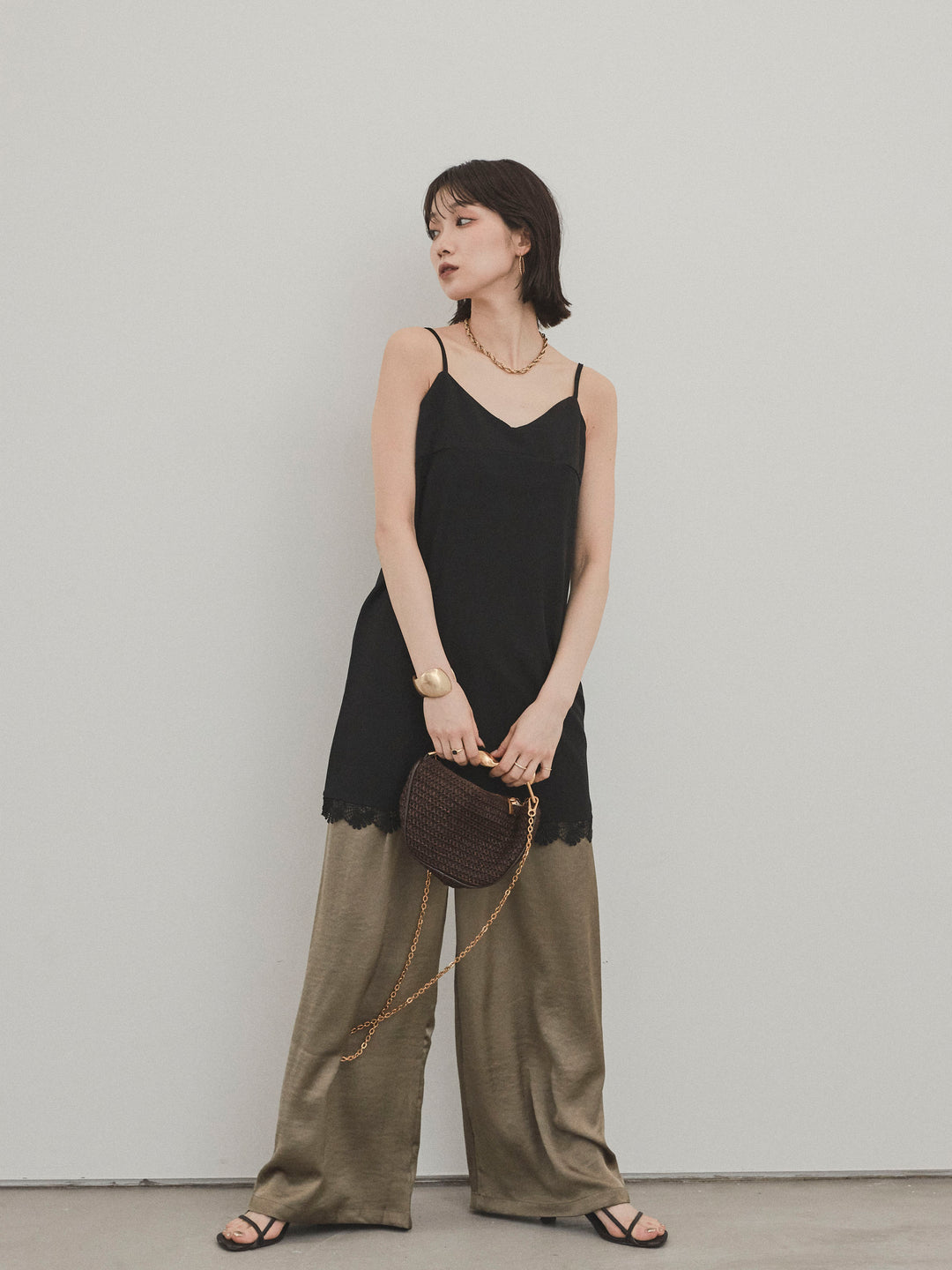 [SET]裾レース切替キャミミニワンピース+サテンイージーパンツ(2set)