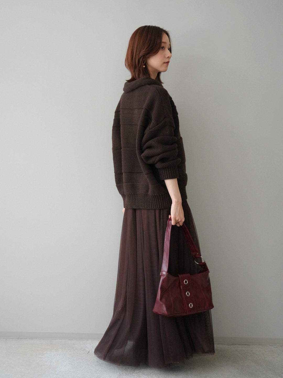 [SET]襟付きボーダー編みニットプルオーバー+チュールボリュームスカート(2set)