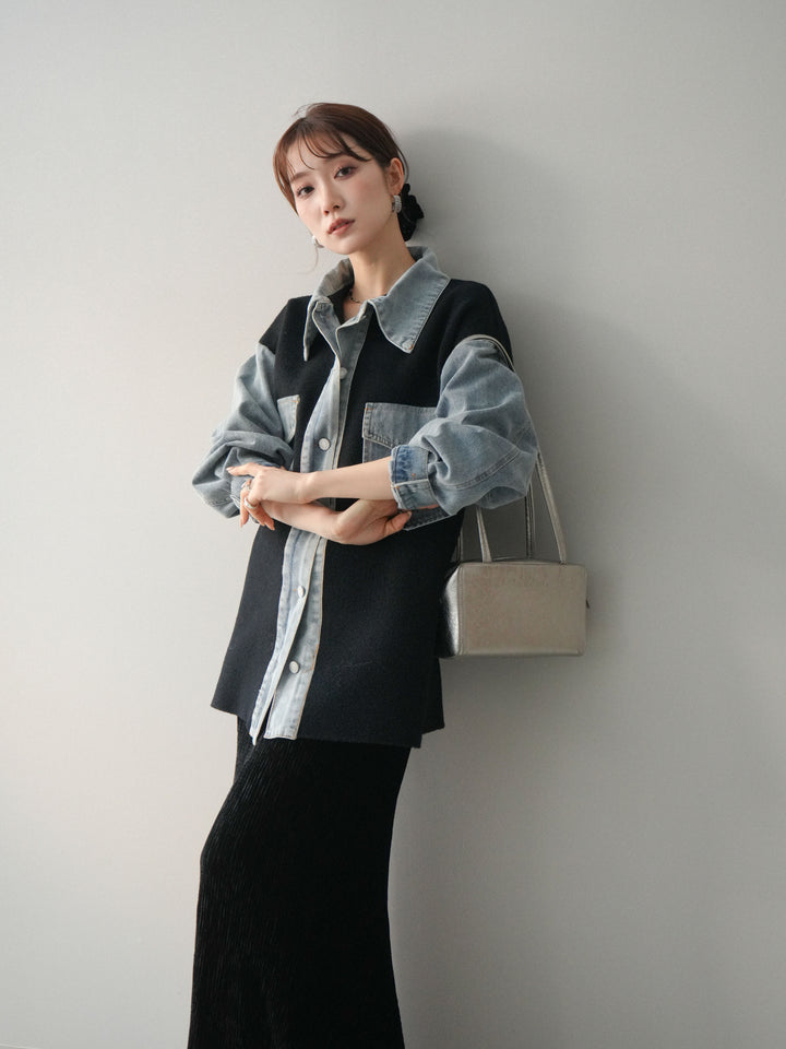 [予約]デニム襟ダブルフェイスニットカーディガン/black