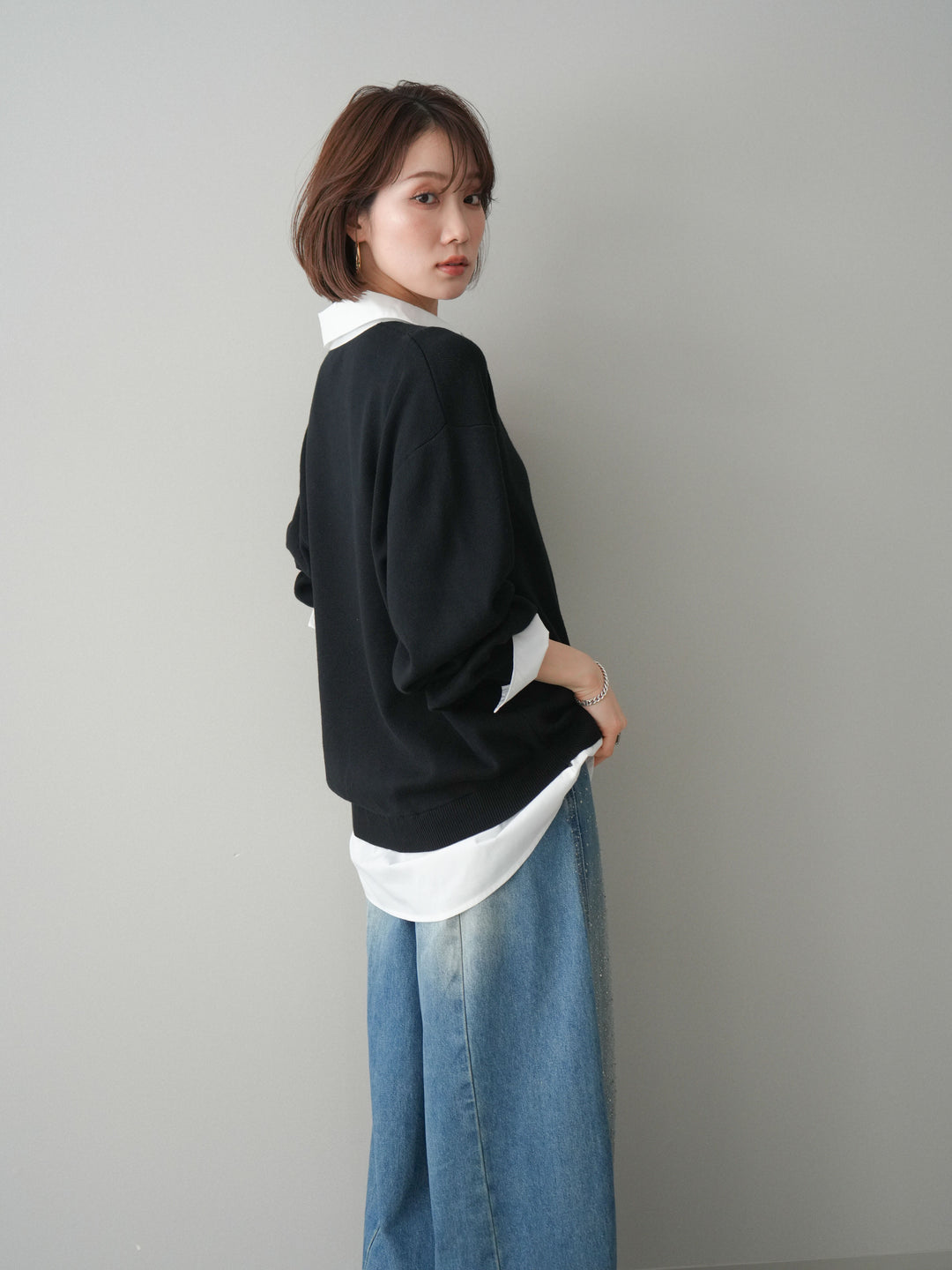 [予約]シャツドッキングオーバーニットプルオーバー/blackoff