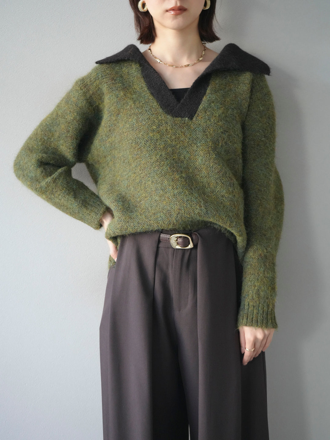 [SET]バイカラー襟付きニットプルオーバー+ベルトループデザインワイドパンツ(2set)