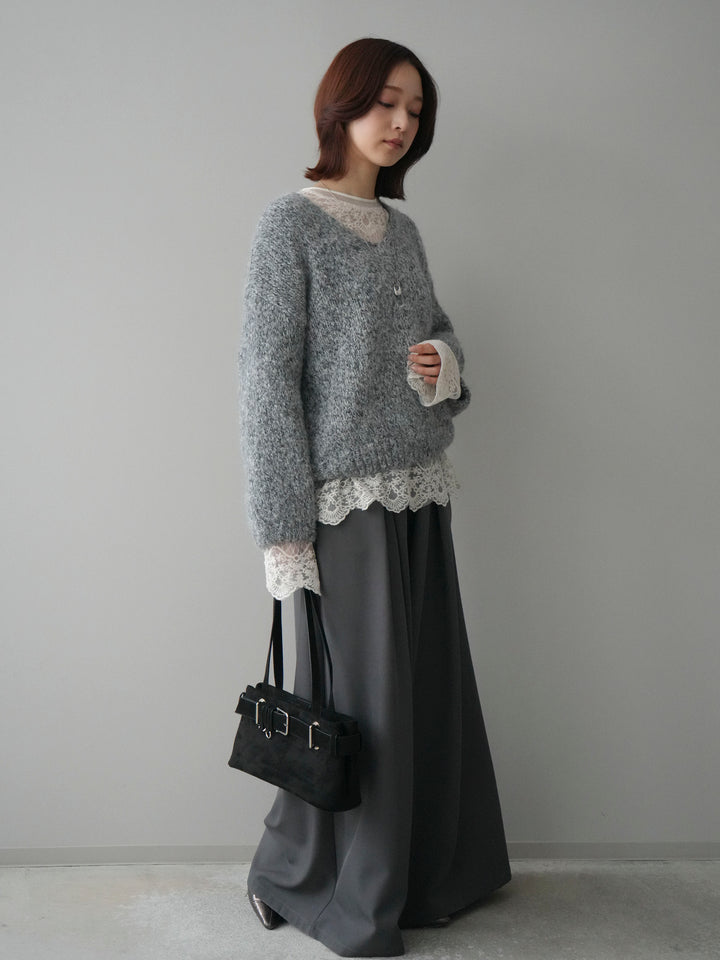 [SET]Vネックミックスヤーンニットプルオーバー+チュールレーストップス+テープベルトタックバギーパンツ(3set)