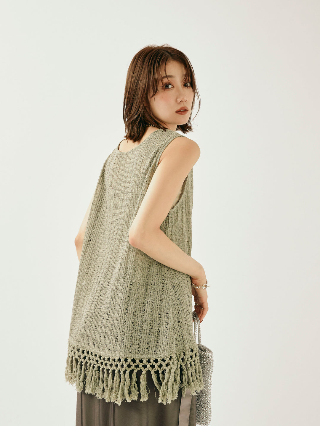 [予約]フリンジ透かし編みニットベスト/カーキ