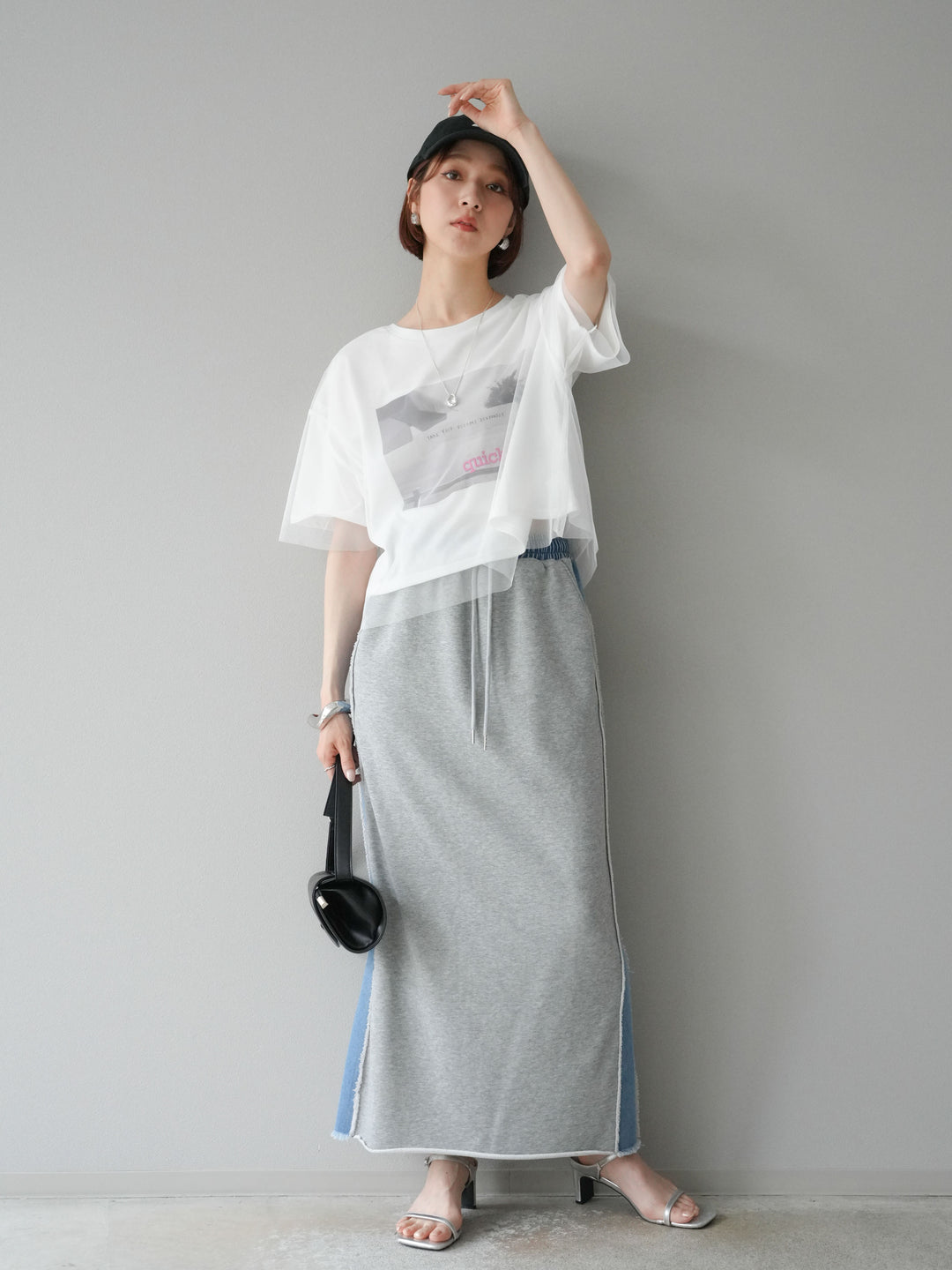 [予約]チュールドッキングフォトTシャツ/オフホワイト×ピンク