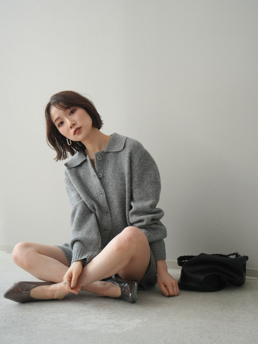 [予約]メランジニット襟付きクロップドカーディガン/gray