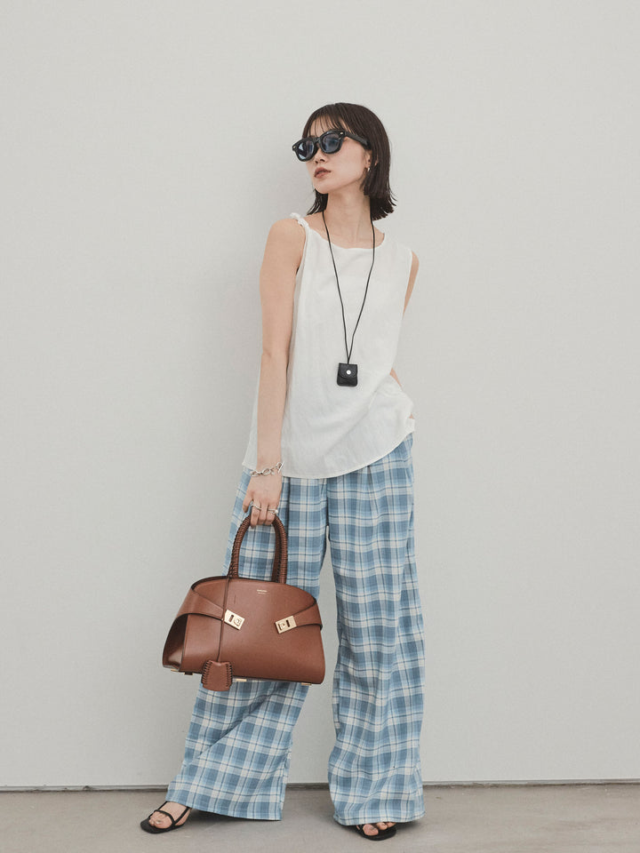 [SET] 扭紋無袖上衣配皮項鍊 + 格紋寬褲 (2 件套)