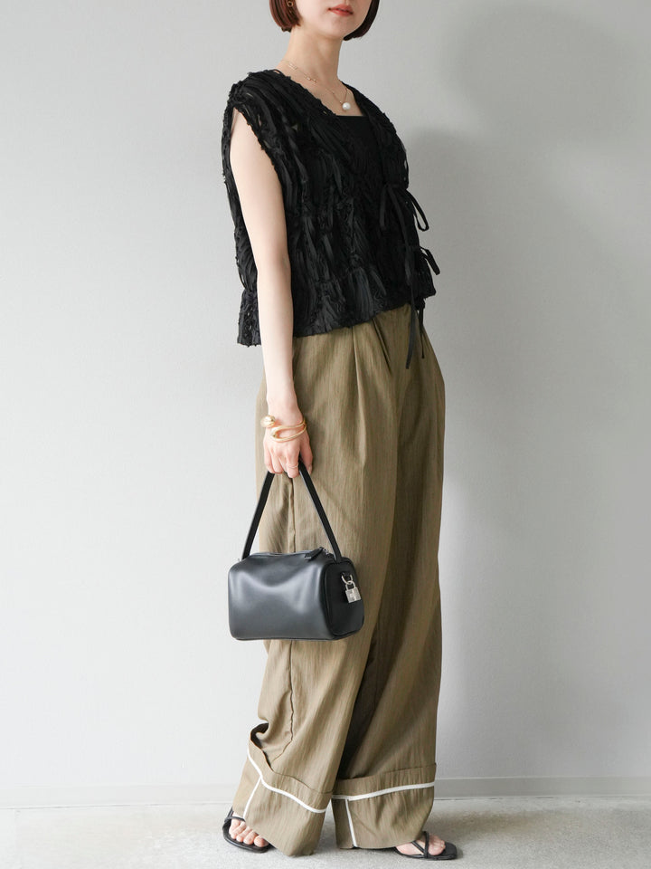[SET] 提花蕾絲蝴蝶結上衣+麻質下擺迴力寬褲（2件套）