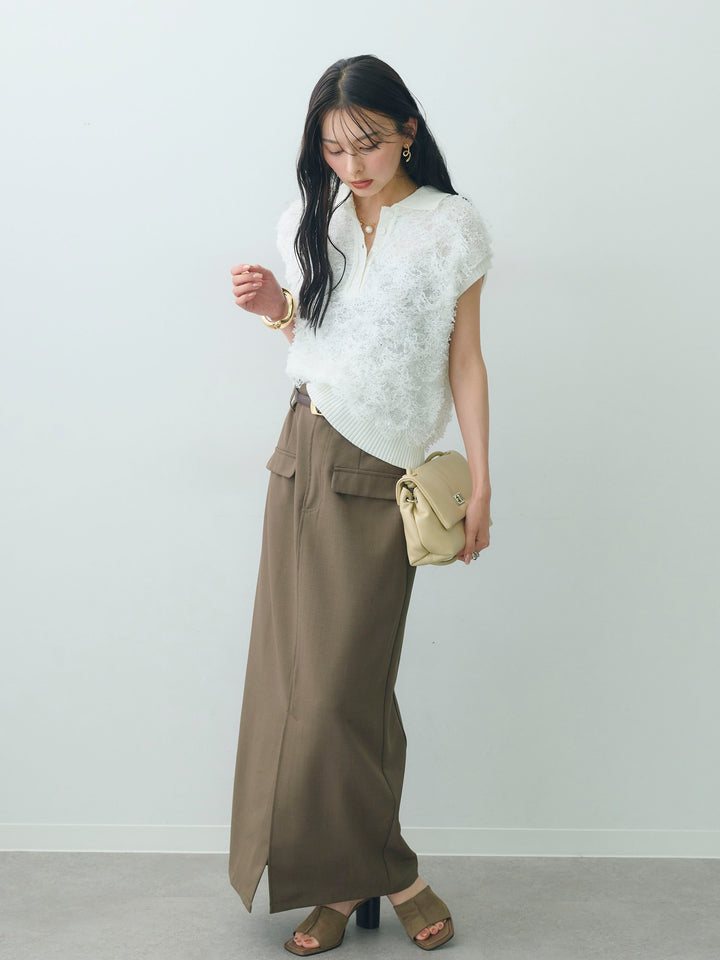 [SET]チョウチョヤーンフレンチポロニット+クレープデシンフラップ付きストレートスカート(2set)
