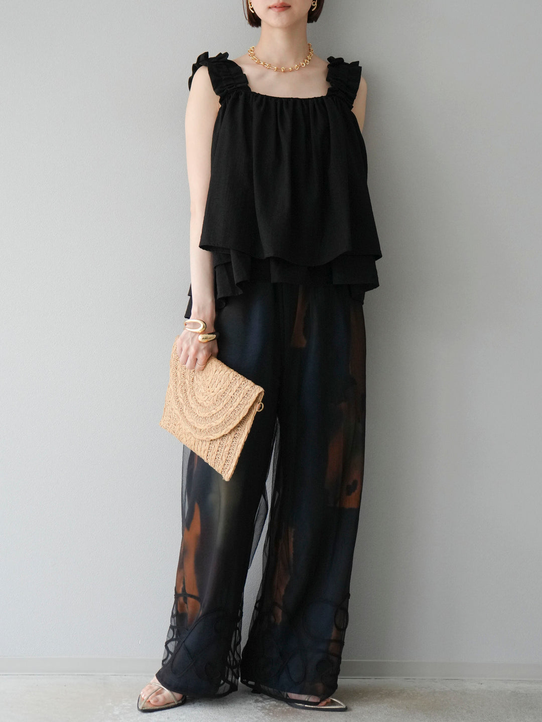 [予約]ギャザーショルダーフレアタンクトップ/ブラック